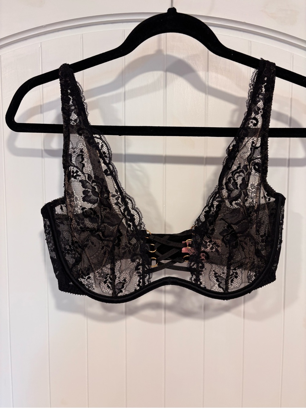 Agent Provocateur Black Sheer Lace Underwire Bra Gold Hardware 34E (DD)